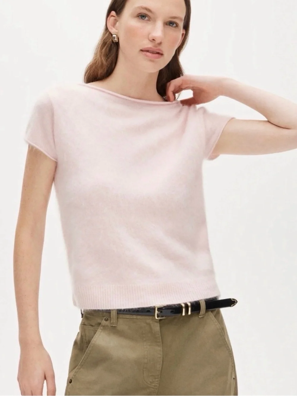 J. Crew Short-Sleeve Brushed Cashmere Tee in Pale Pink